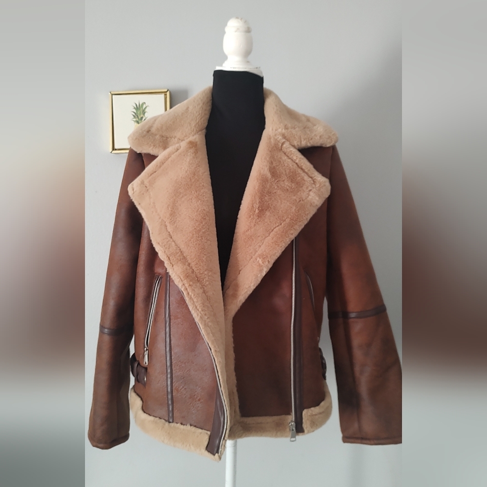 Harper & Lex Coat Jacket Faux Suede And Sherpa Color Brown Large  Warmer New